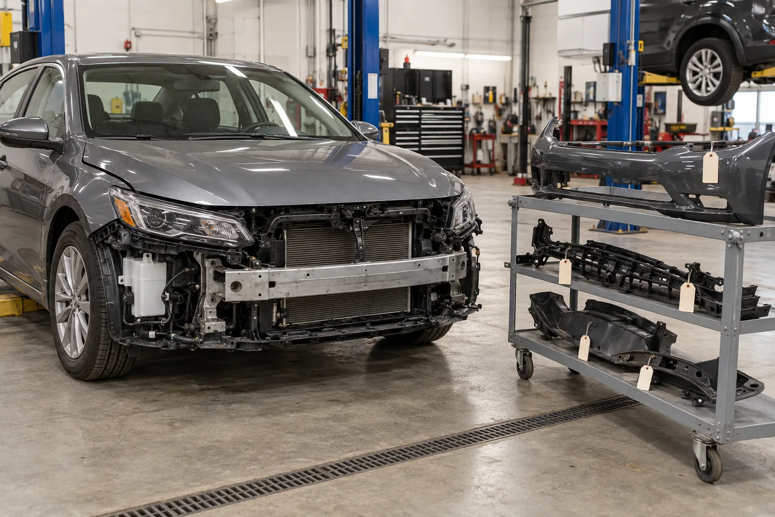 Removed vehicle parts retained and labeled during repair work
