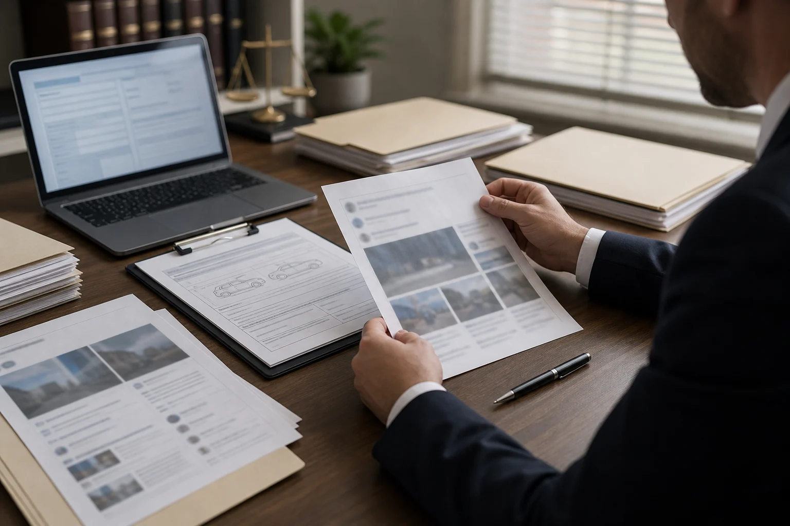 Insurance claim review desk with public social media posts and an accident report.