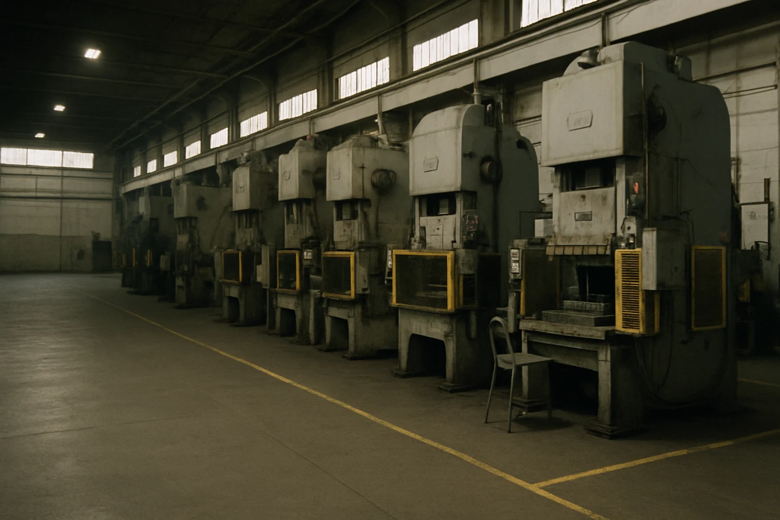 Wide view of a Fort Wayne manufacturing plant floor with stamping equipment and an empty operator station