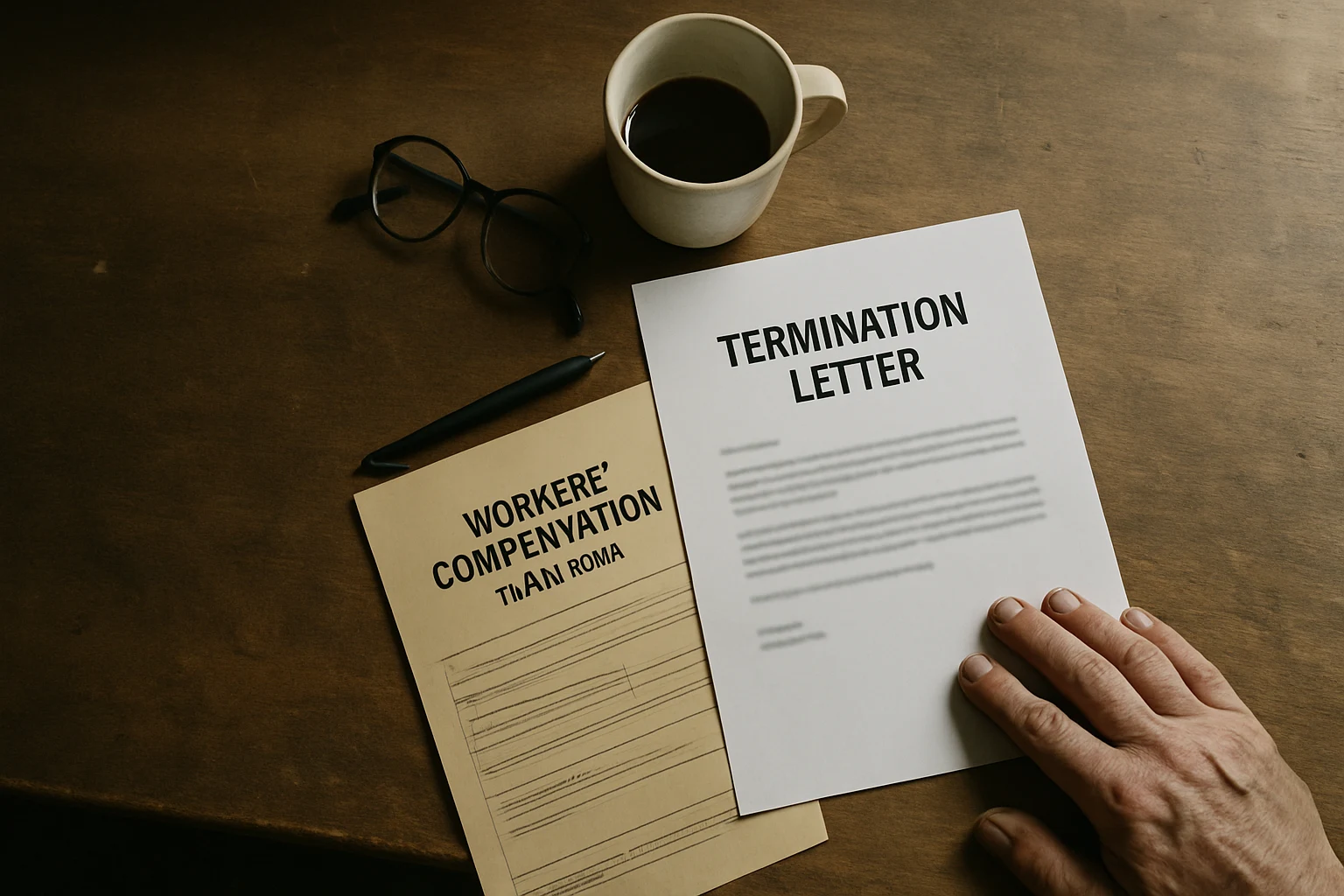 Termination letter and a workers compensation claim form lying side by side on a wooden kitchen table