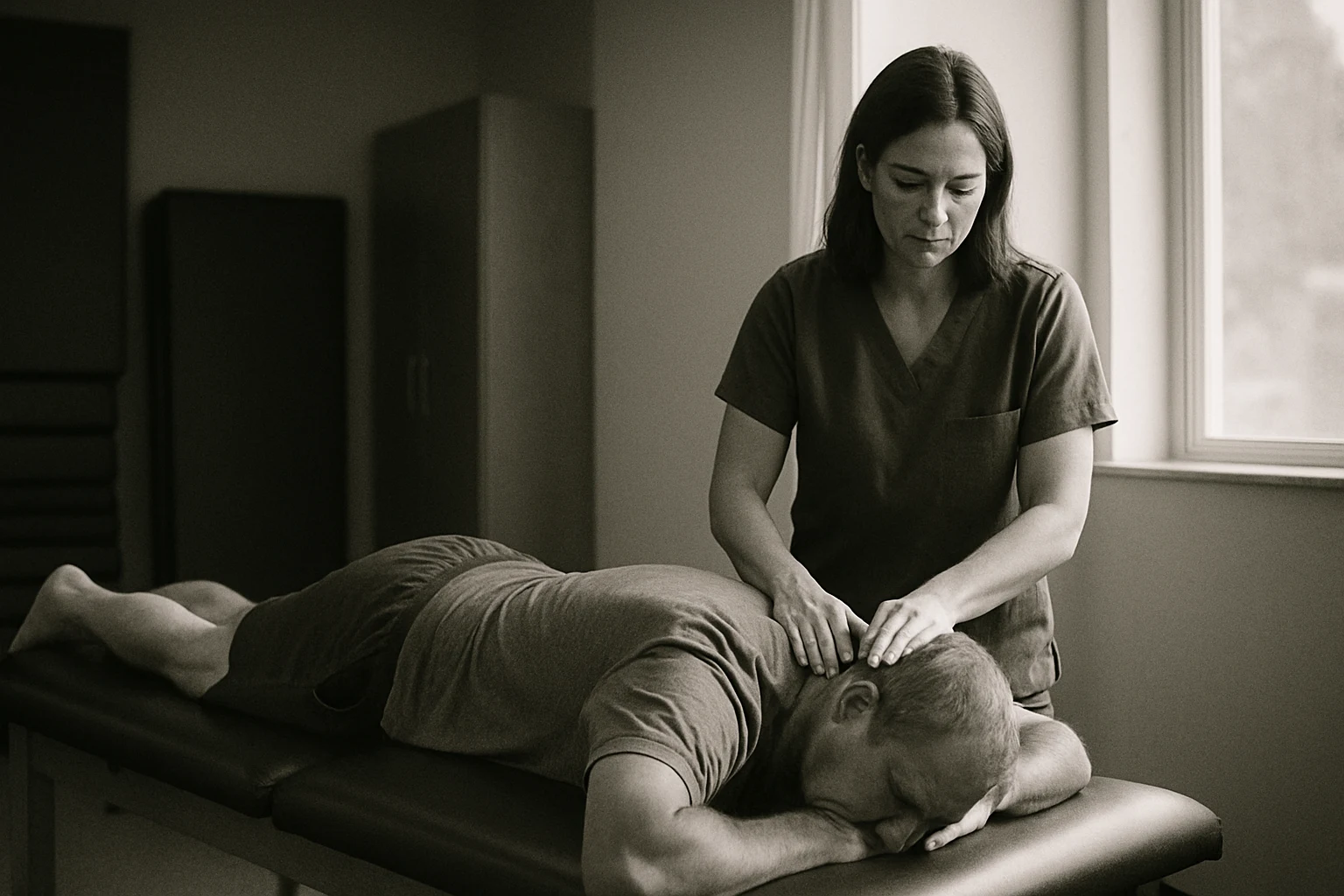 Male patient on a physical therapy table doing supervised back rehab exercises with a therapist in a Fort Wayne clinic