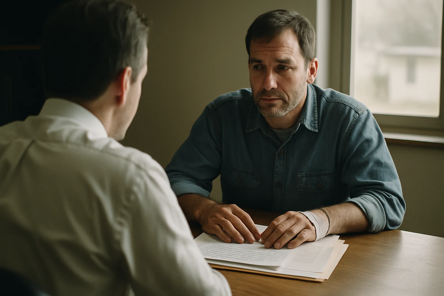 Injured worker in a denim shirt meeting with attorney across a wood desk reviewing termination paperwork in Fort Wayne