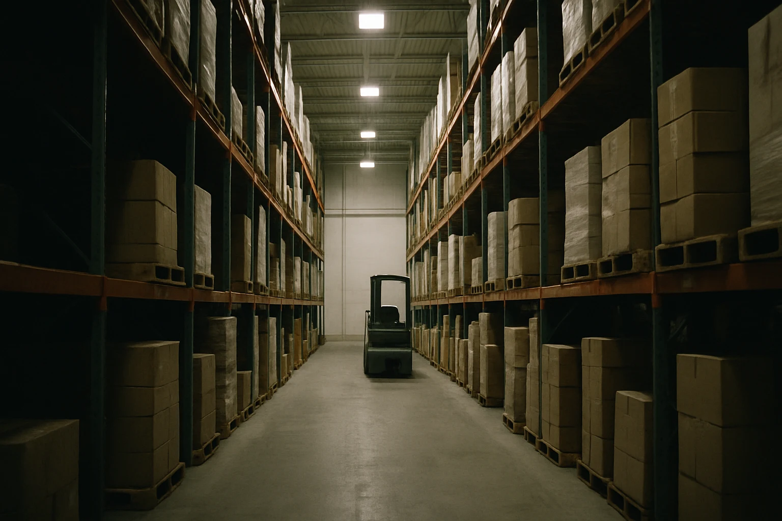Empty warehouse aisle in a Fort Wayne distribution facility with a forklift parked at the end of the row