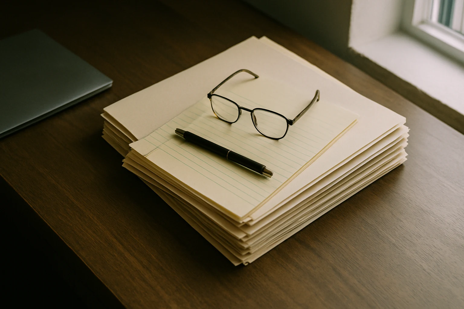 Stack of personnel files and performance review folders on an attorney's desk in Fort Wayne