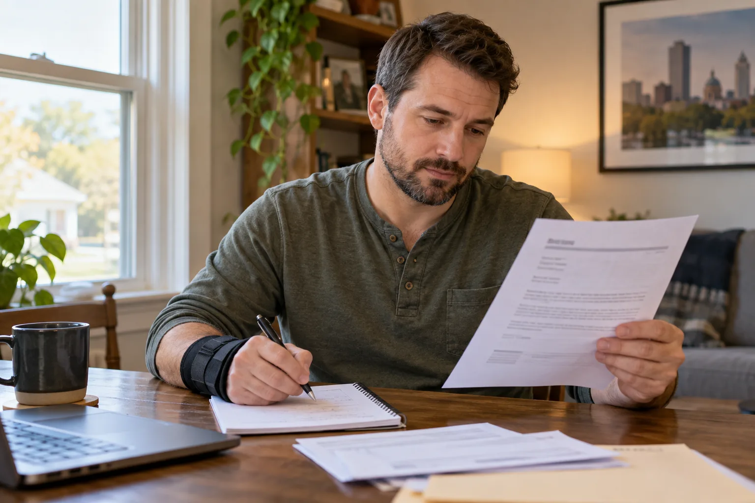 Worker reviewing a medical examination letter and writing questions