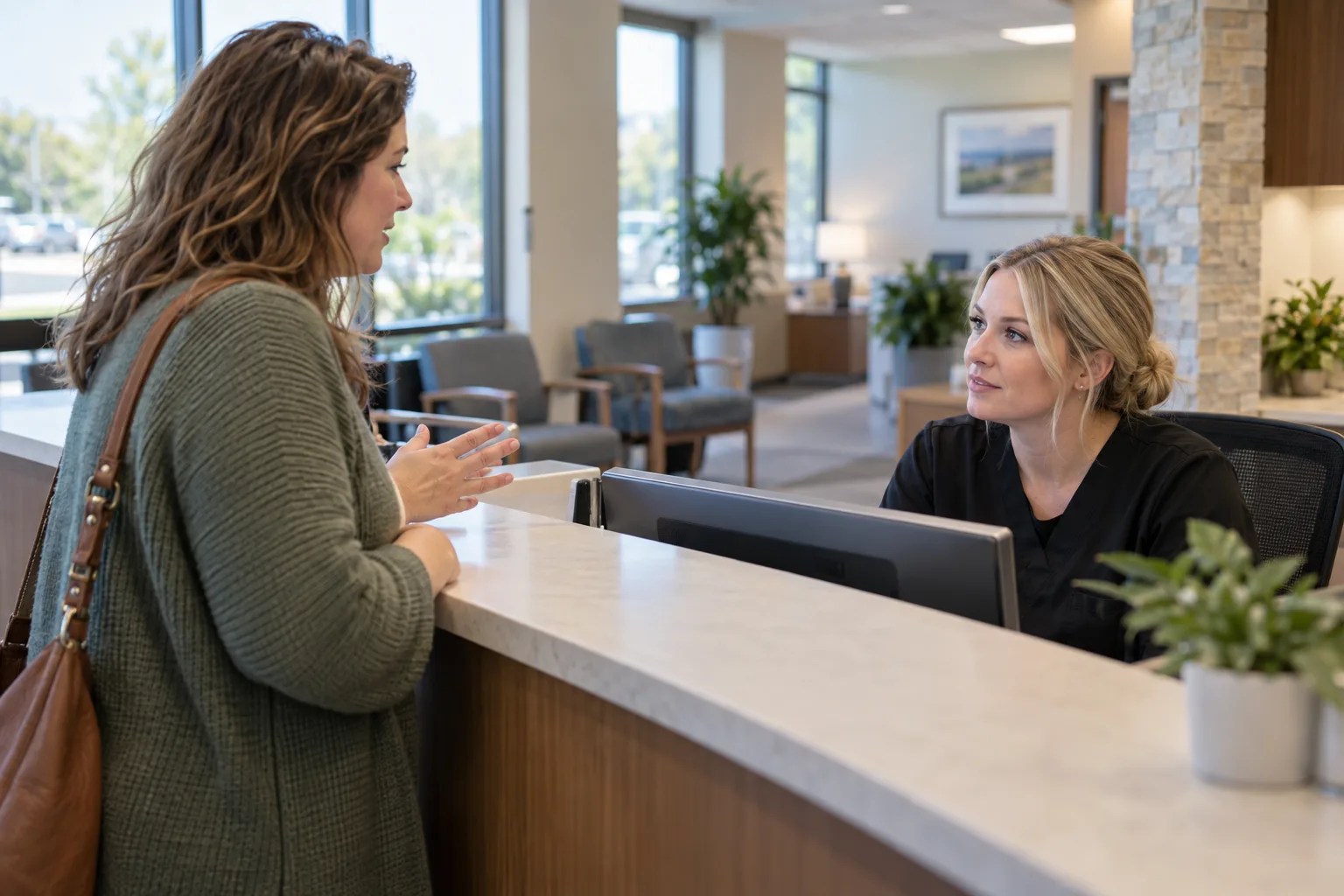 Patient asking clinic staff about a support person at an appointment