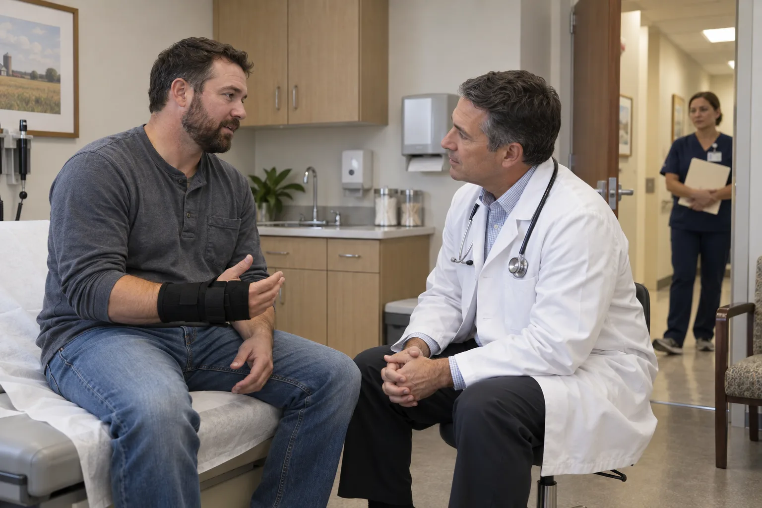 Injured worker speaking privately with a physician