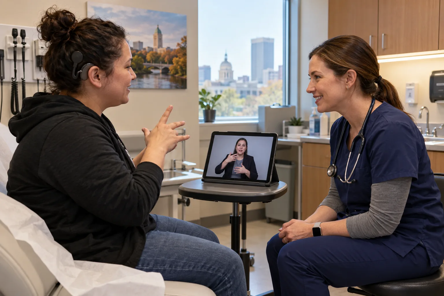 Patient using a video interpreter during a medical appointment