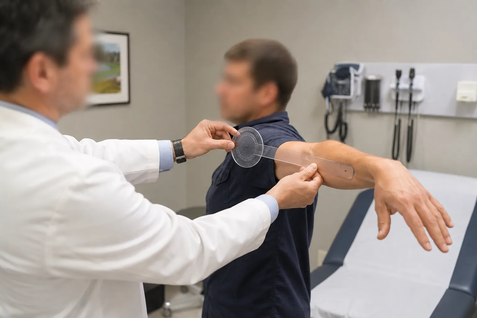 Physician measuring a worker’s shoulder movement during an impairment examination
