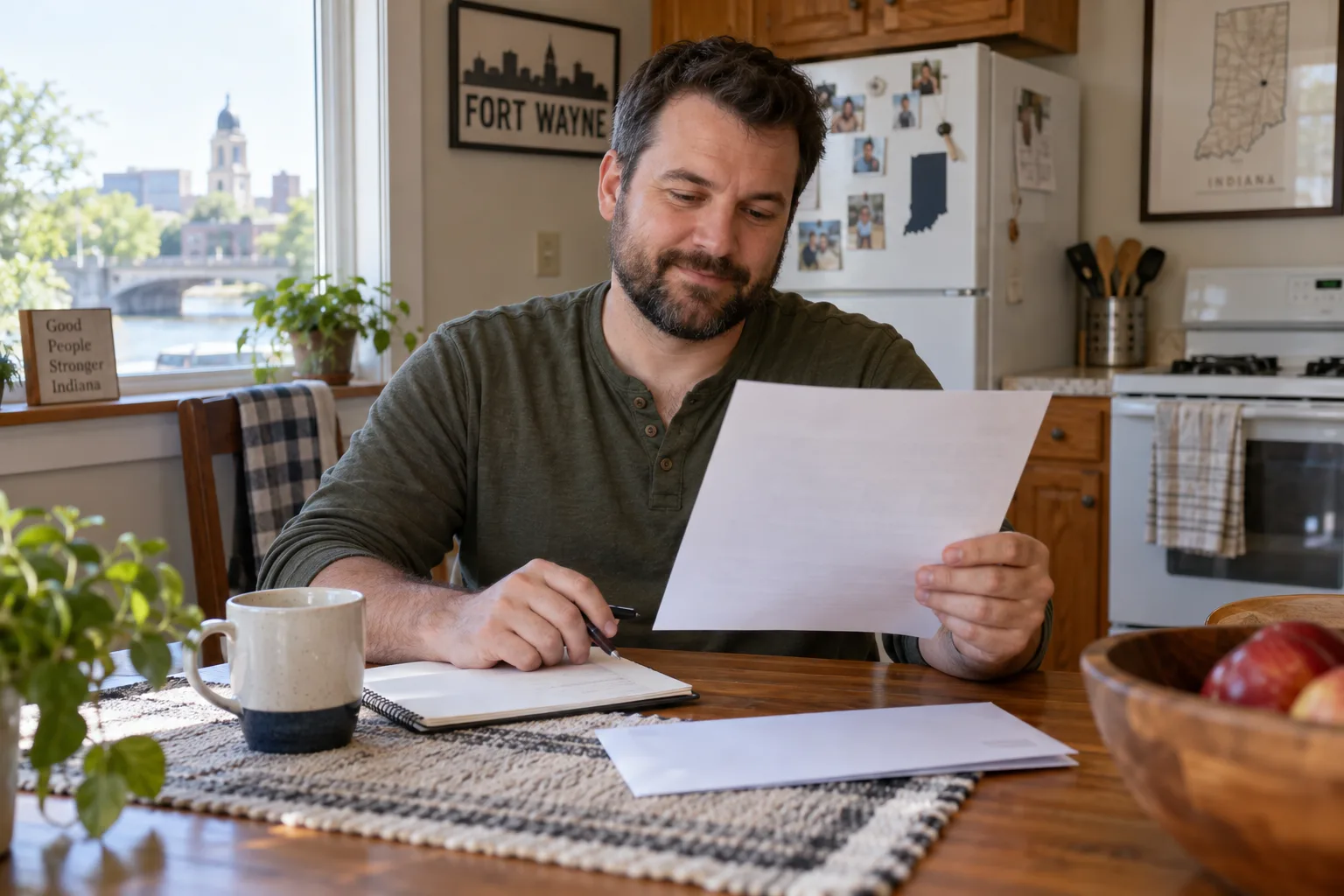 Worker reviewing a new job offer and making notes at a kitchen table