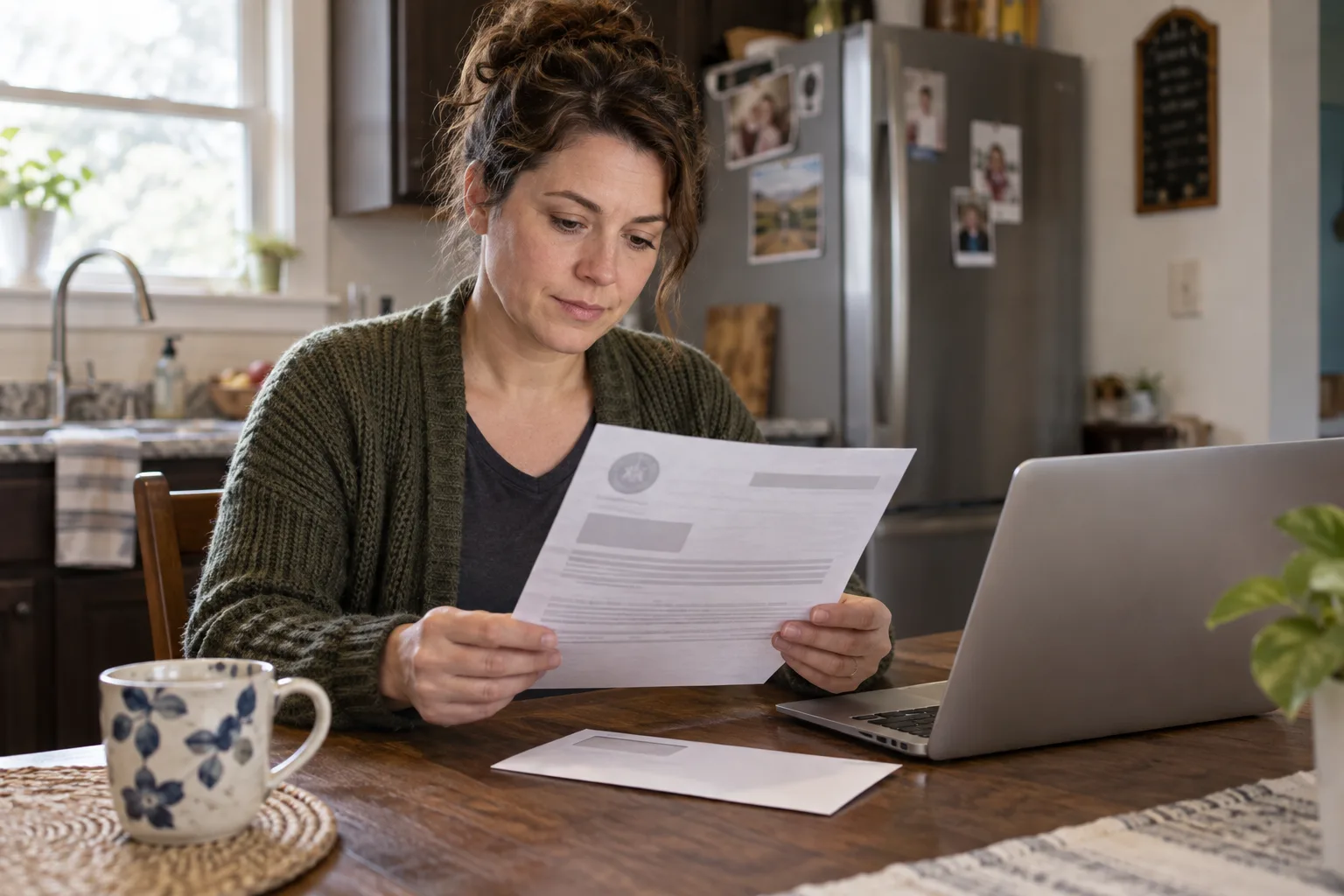 Indiana worker reviewing a benefits notice and keeping the envelope