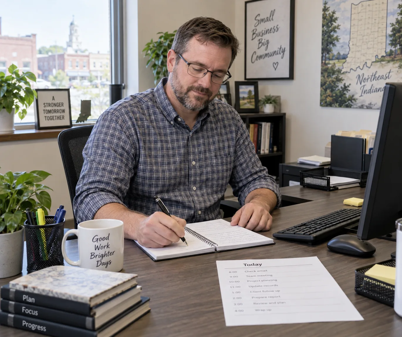 Indiana worker beginning a new job with organized records nearby