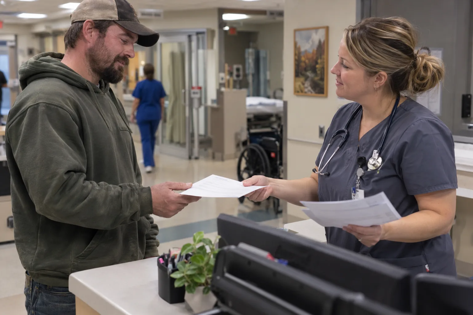 A worker receiving emergency department discharge papers and work instructions