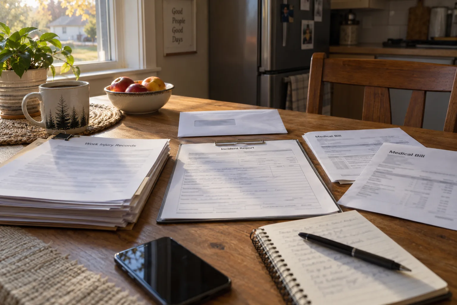 Work-injury medical records and claim correspondence organized on a table
