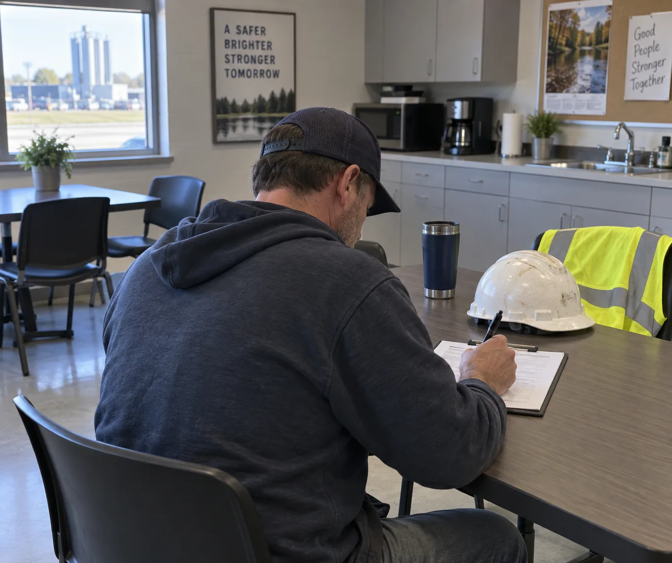 Worker completing an incident report in an Indiana workplace break room