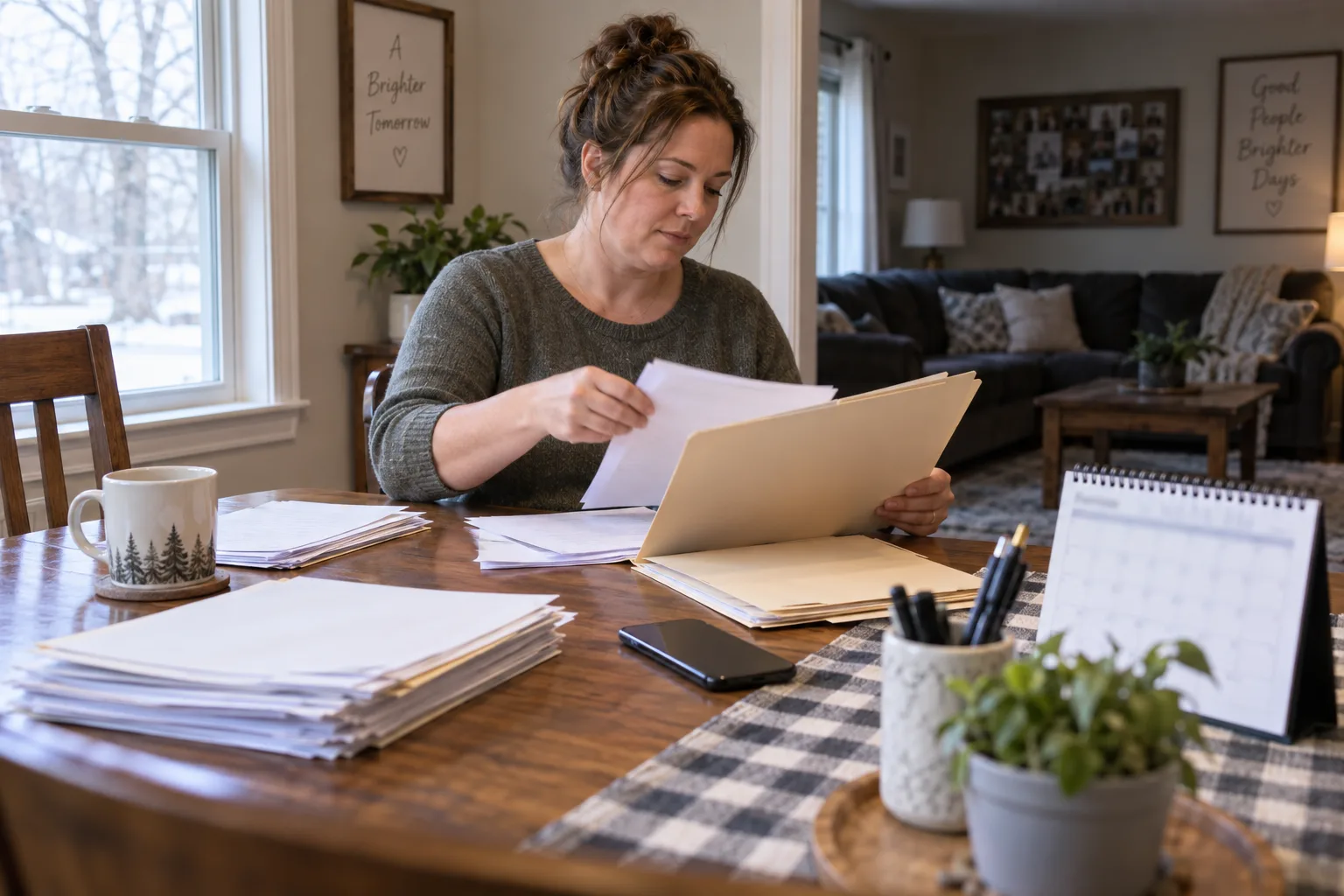 Worker organizing workers’ compensation correspondence at home
