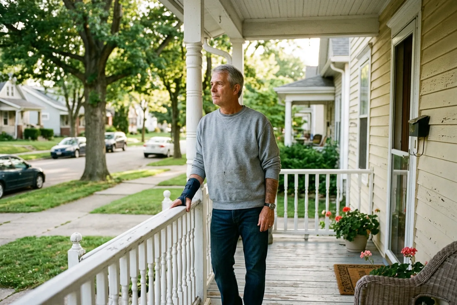 Indiana worker with an arm brace considering benefit options outside his Fort Wayne home