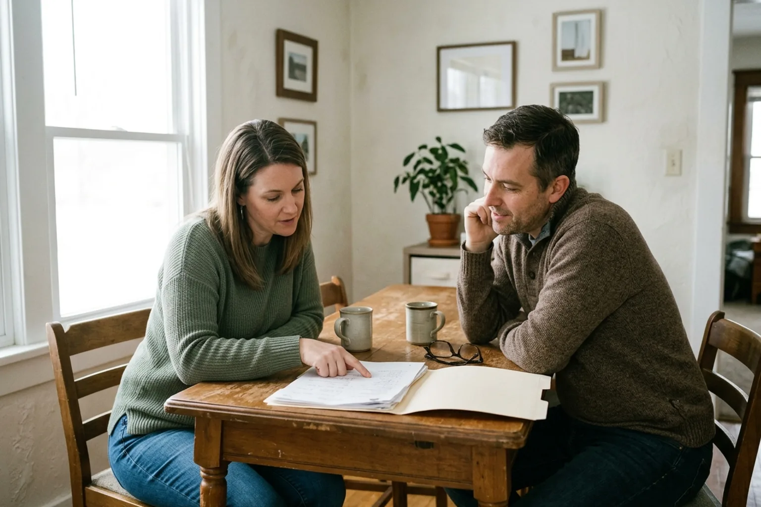 Indiana couple reviewing workers' comp settlement documents before signing