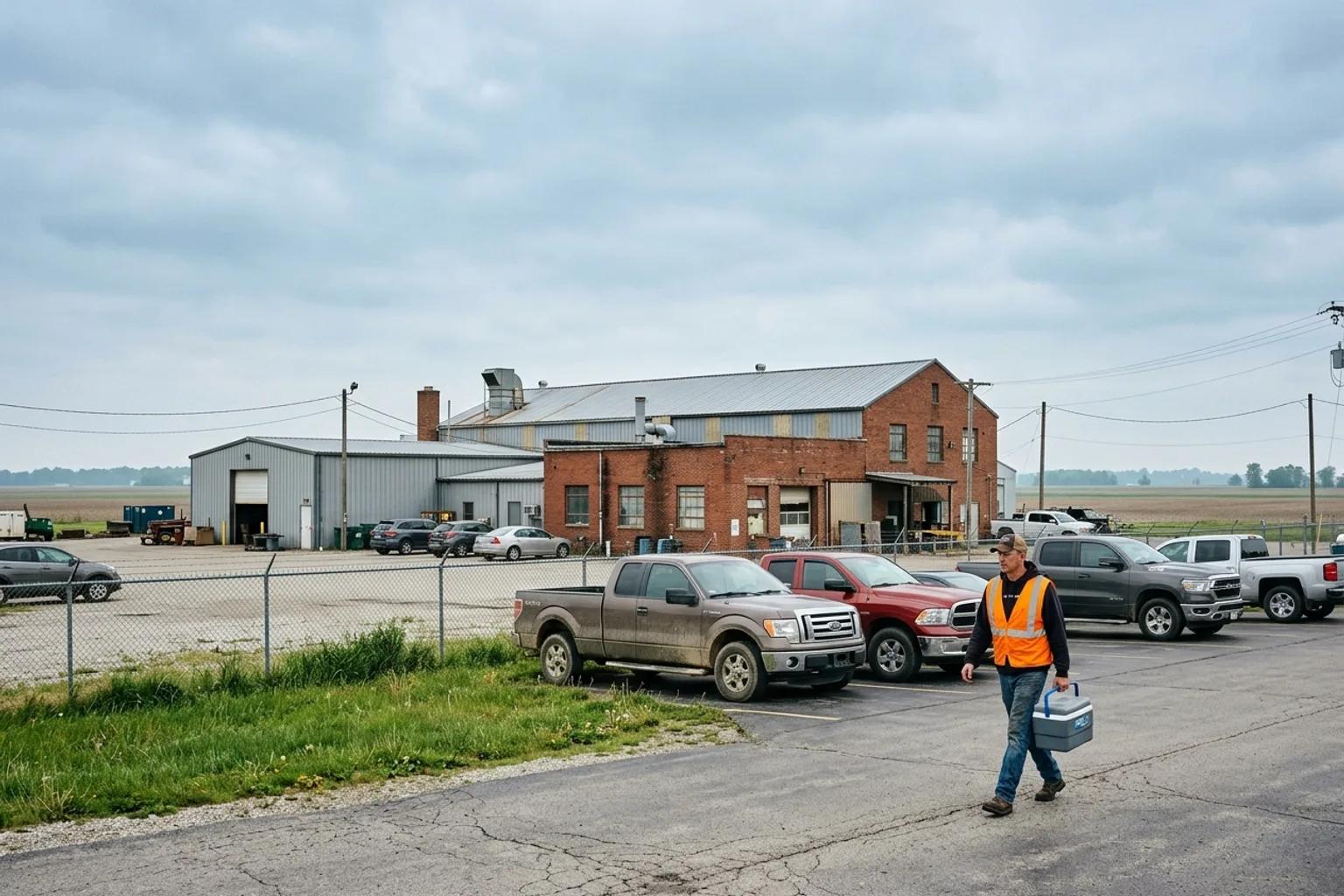 Worker leaving a northeast Indiana manufacturing plant where a workplace injury claim began
