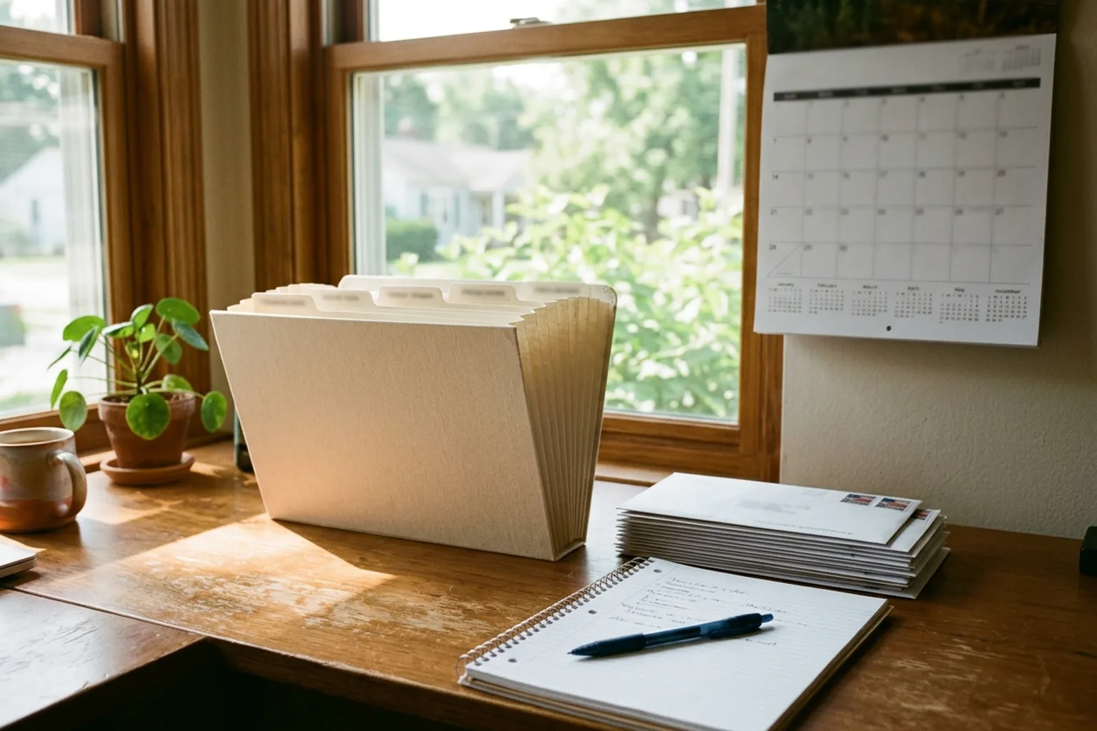 Organized records and mail ready for reporting workers' comp changes to Social Security