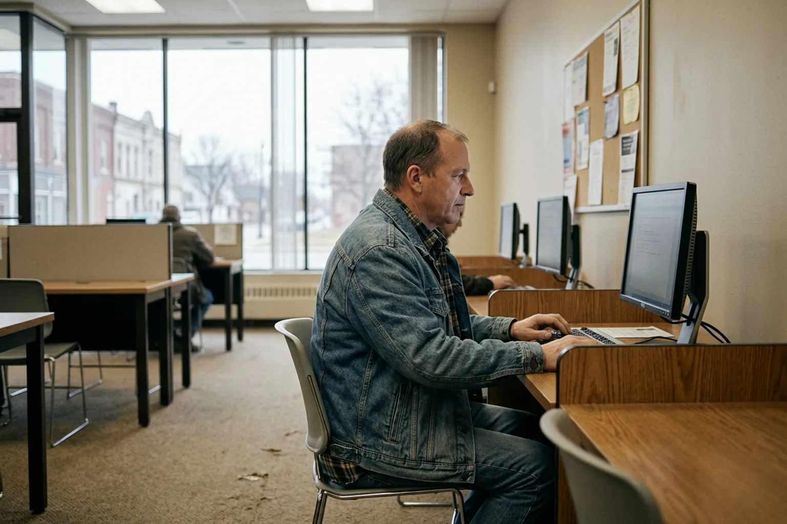 Worker filing a weekly unemployment claim at a computer kiosk in a bright Indiana workforce services office