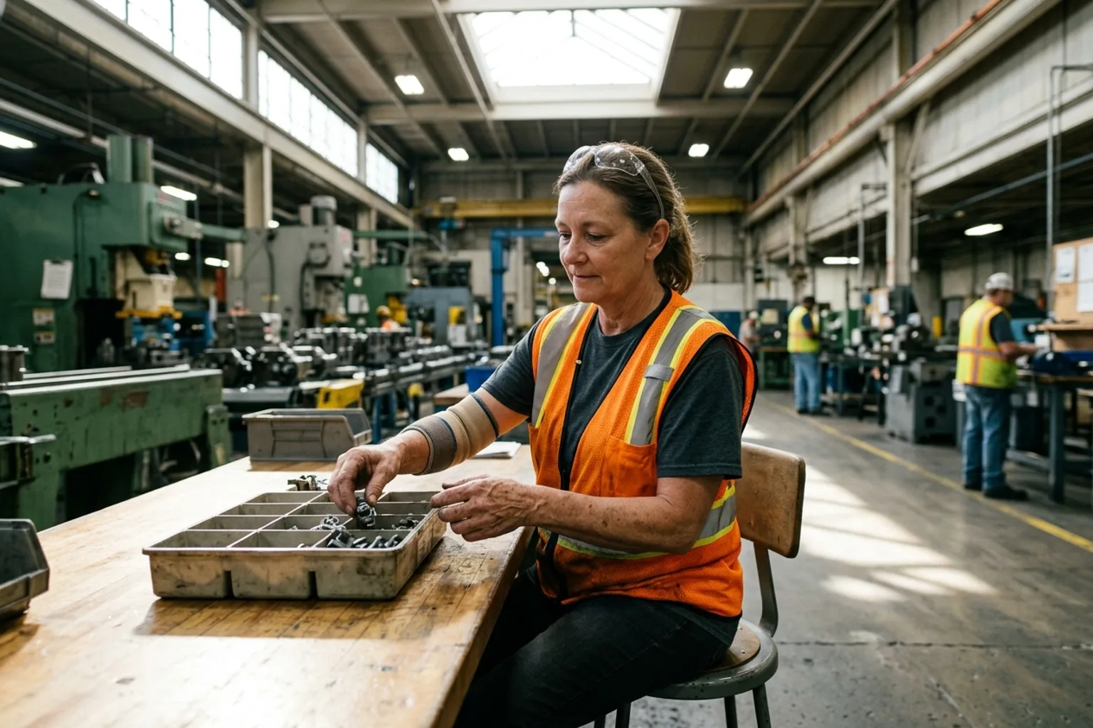 Indiana factory employee on a light-duty work restriction sorting parts at a bench after a work injury