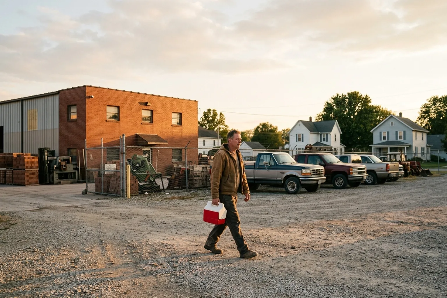 Laid-off Indiana plant worker walking through a factory parking lot at golden hour after a shift ends