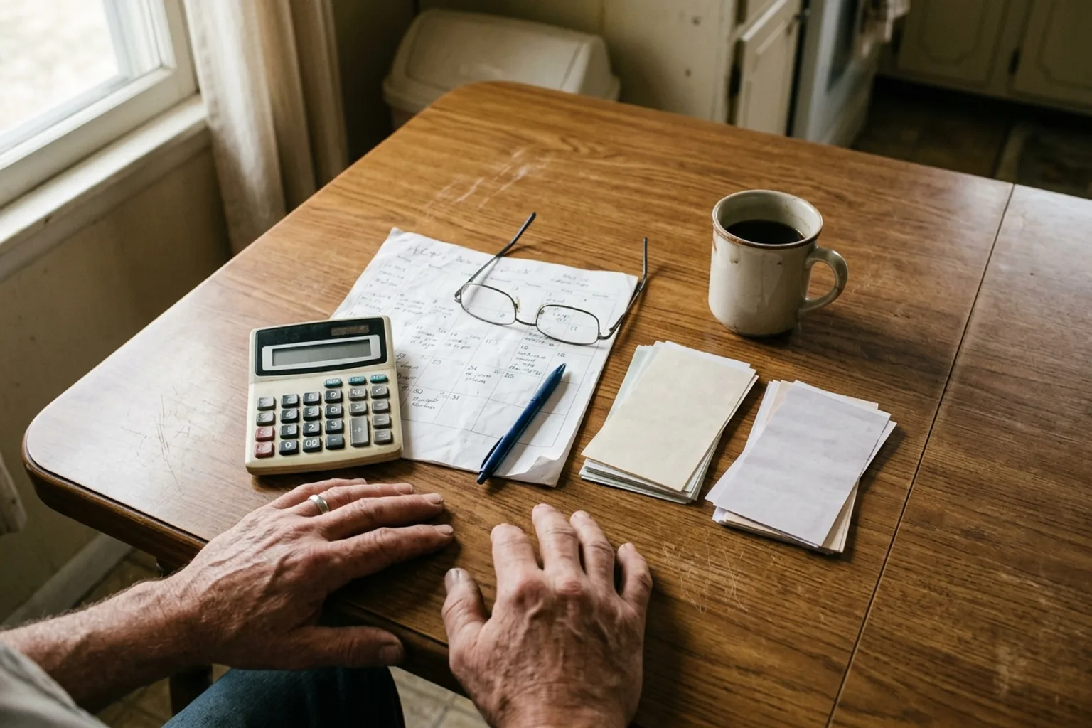 Kitchen-table review of benefit check stubs and a calendar while comparing Indiana unemployment and workers' comp weeks