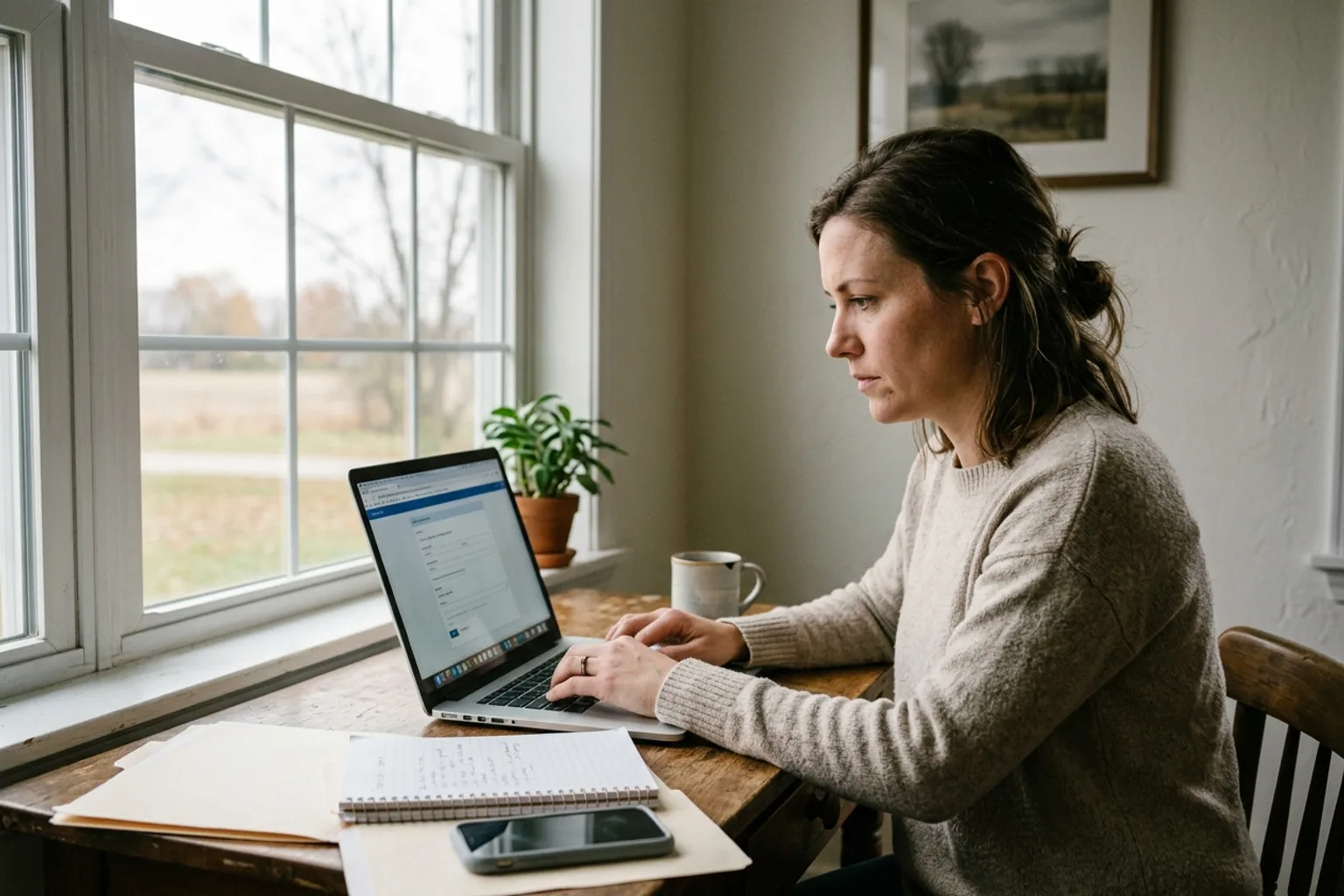 Indiana worker carefully completing a weekly unemployment voucher online while reporting a workers' comp claim