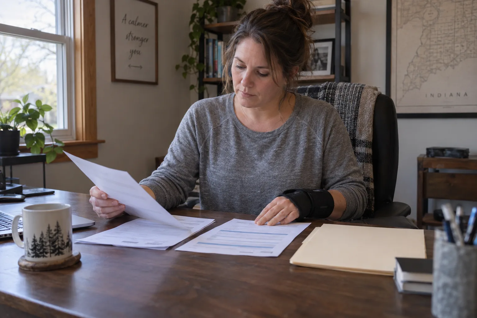 Injured Indiana worker organizing a visit summary and work-status paperwork