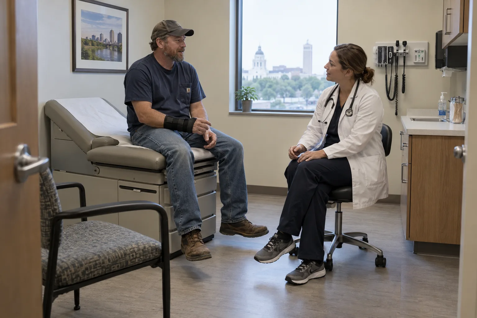 Worker speaking privately with a clinician in a Fort Wayne examination room