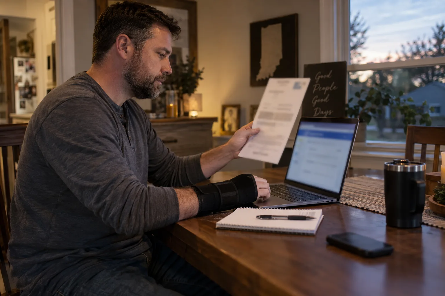 Indiana worker reviewing a patient portal and work-status note after an appointment