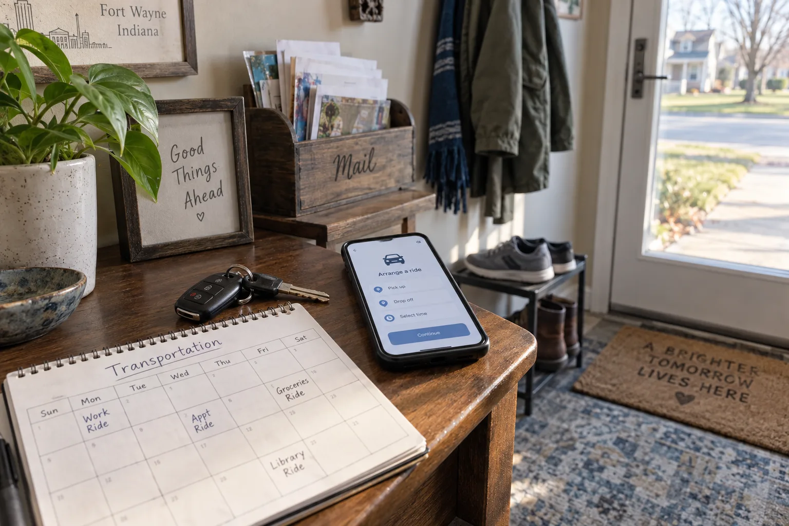 Car keys beside a transportation calendar while a damaged vehicle is unavailable