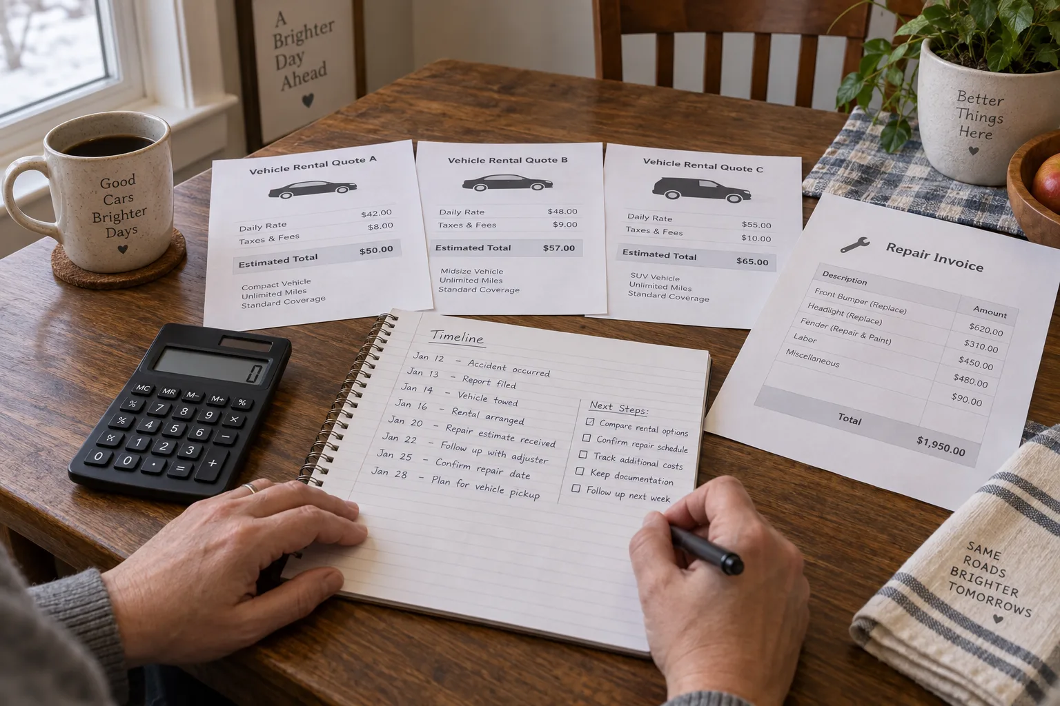 Vehicle owner calculating fair rental value from quotes and repair records