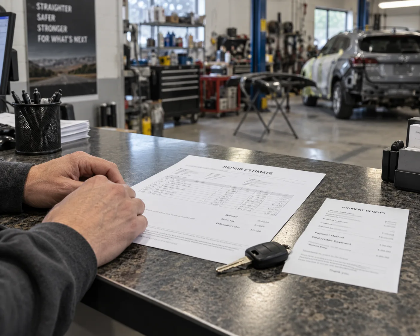 Repair estimate, vehicle key, and deductible receipt on an auto body shop counter