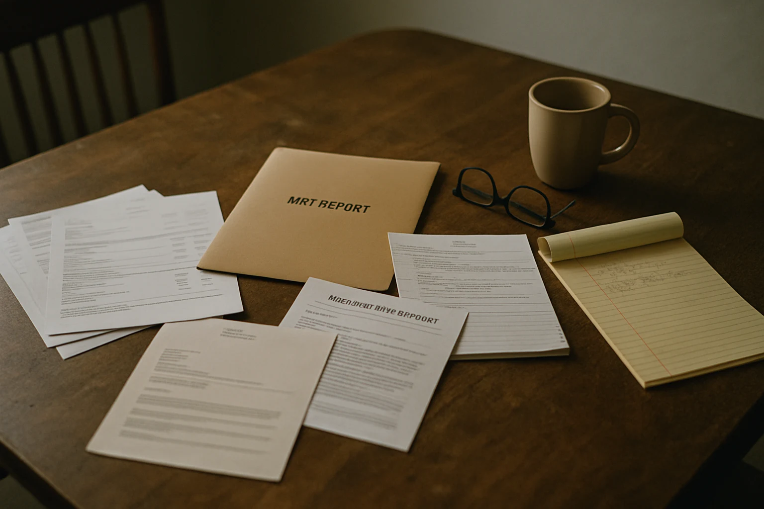 Medical bills, imaging reports, and a handwritten symptom journal spread across a Fort Wayne kitchen table