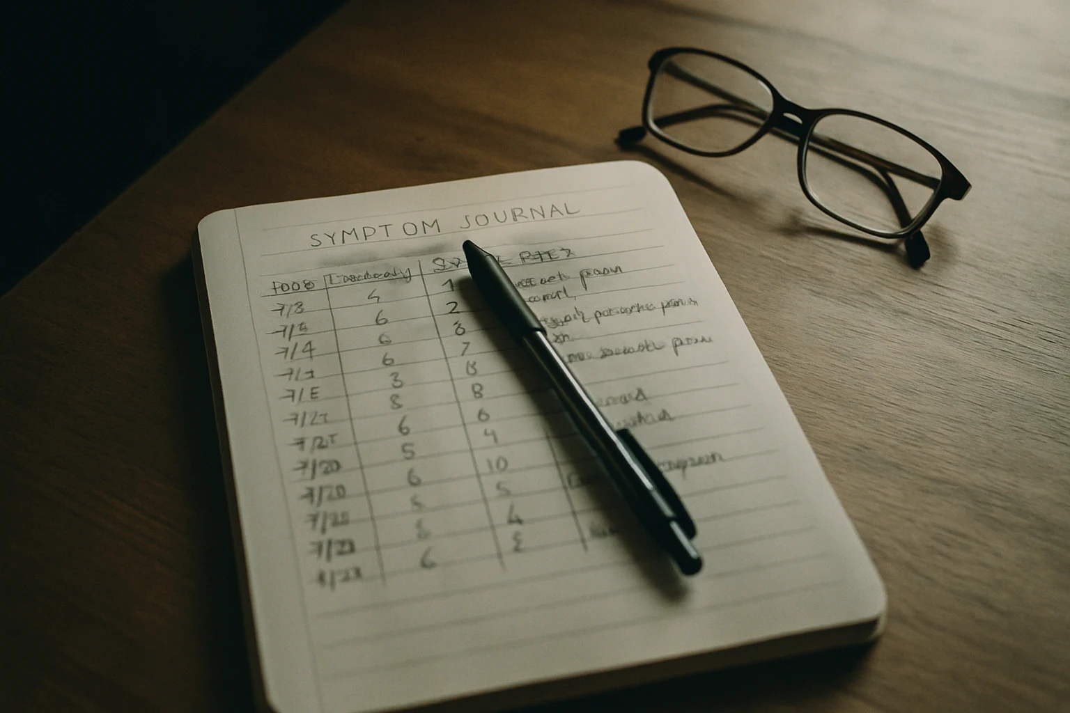A handwritten daily symptom journal on a Fort Wayne kitchen table with a pen and reading glasses