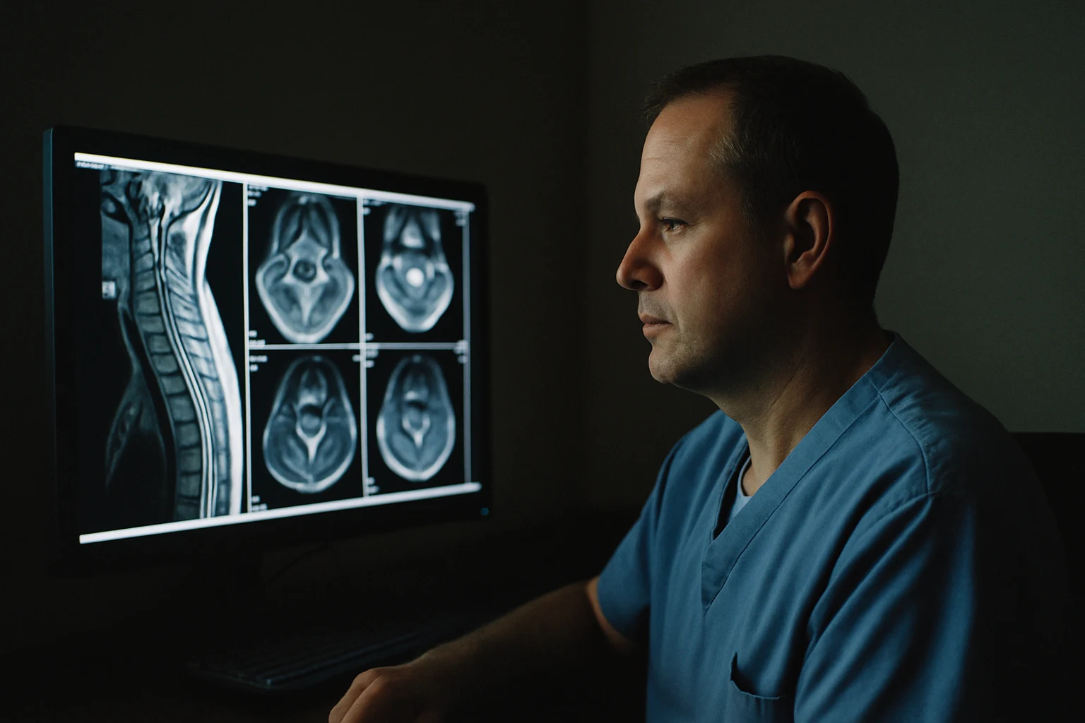 A radiologist reviewing cervical MRI images on a screen at a Fort Wayne imaging center