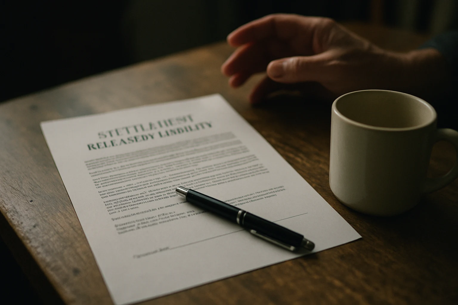 A settlement release of liability form on a Fort Wayne kitchen table with a pen resting nearby