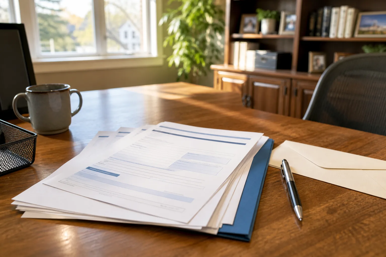 Organized insurance documents and an envelope ready for written notice