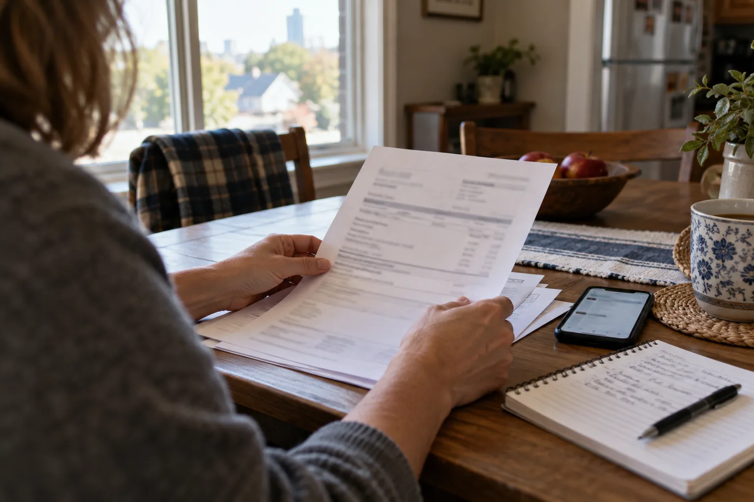 Driver organizing an auto insurance policy and claim notes at a kitchen table