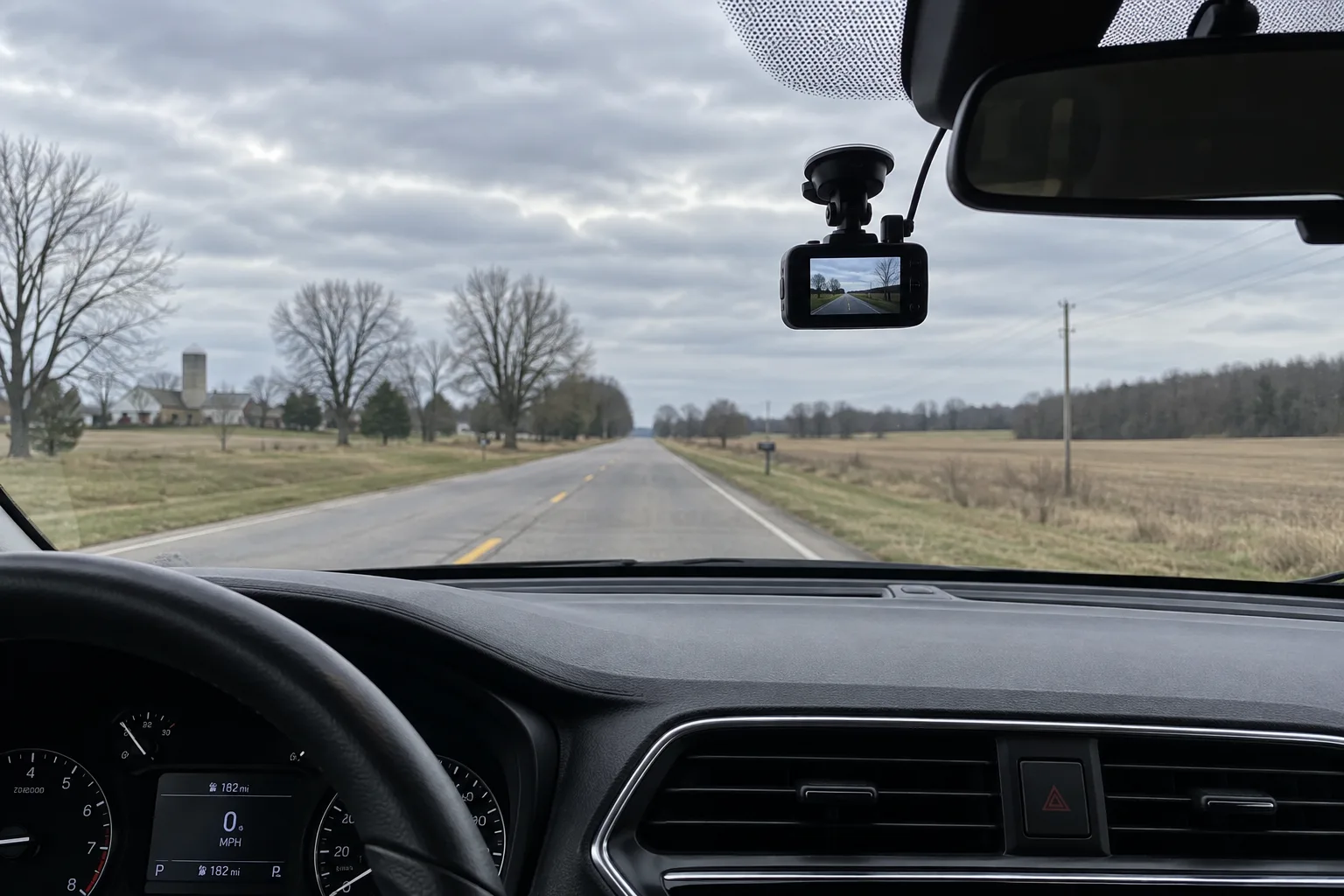 Dash camera facing a northeast Indiana roadway from a parked vehicle