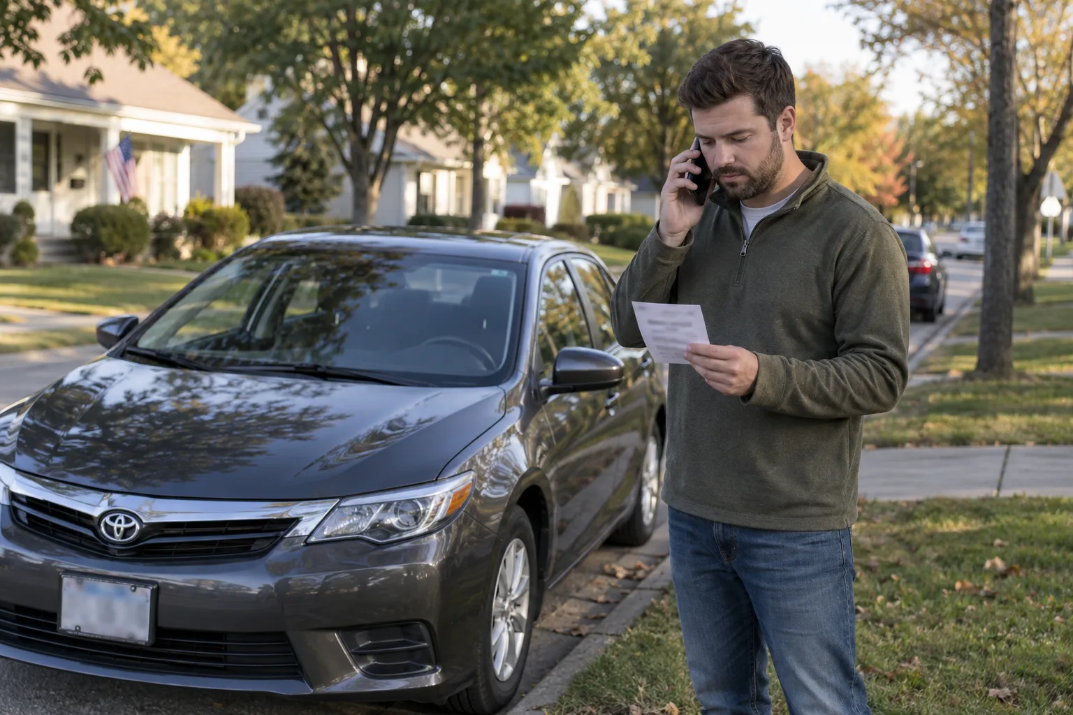 Driver reporting an insurance claim beside a parked car in northeast Indiana