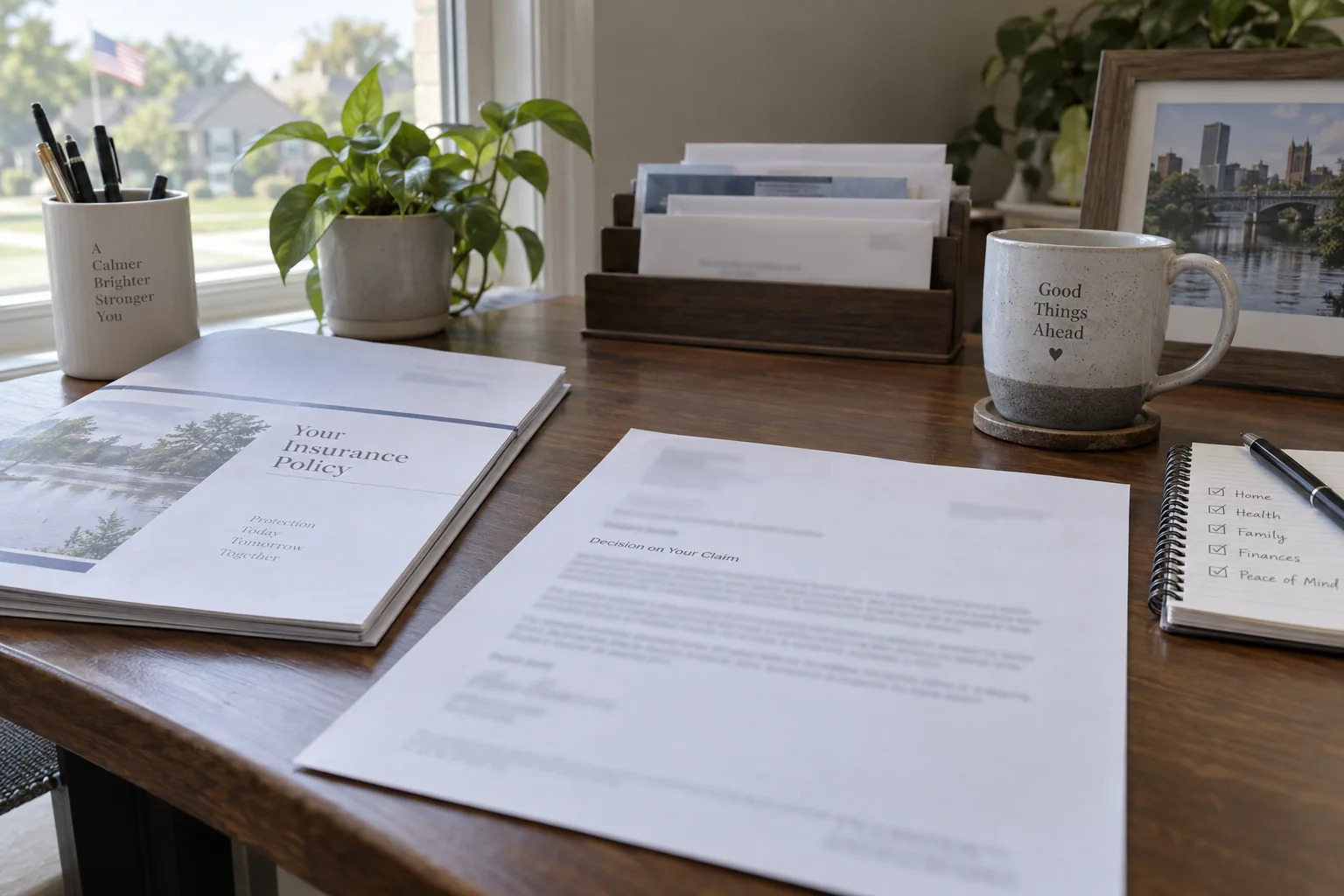 Insurance decision letter and policy documents organized on a desk