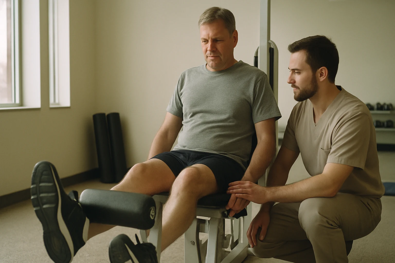 A man in his fifties in a physical therapy clinic in Fort Wayne working on knee rehabilitation after surgery