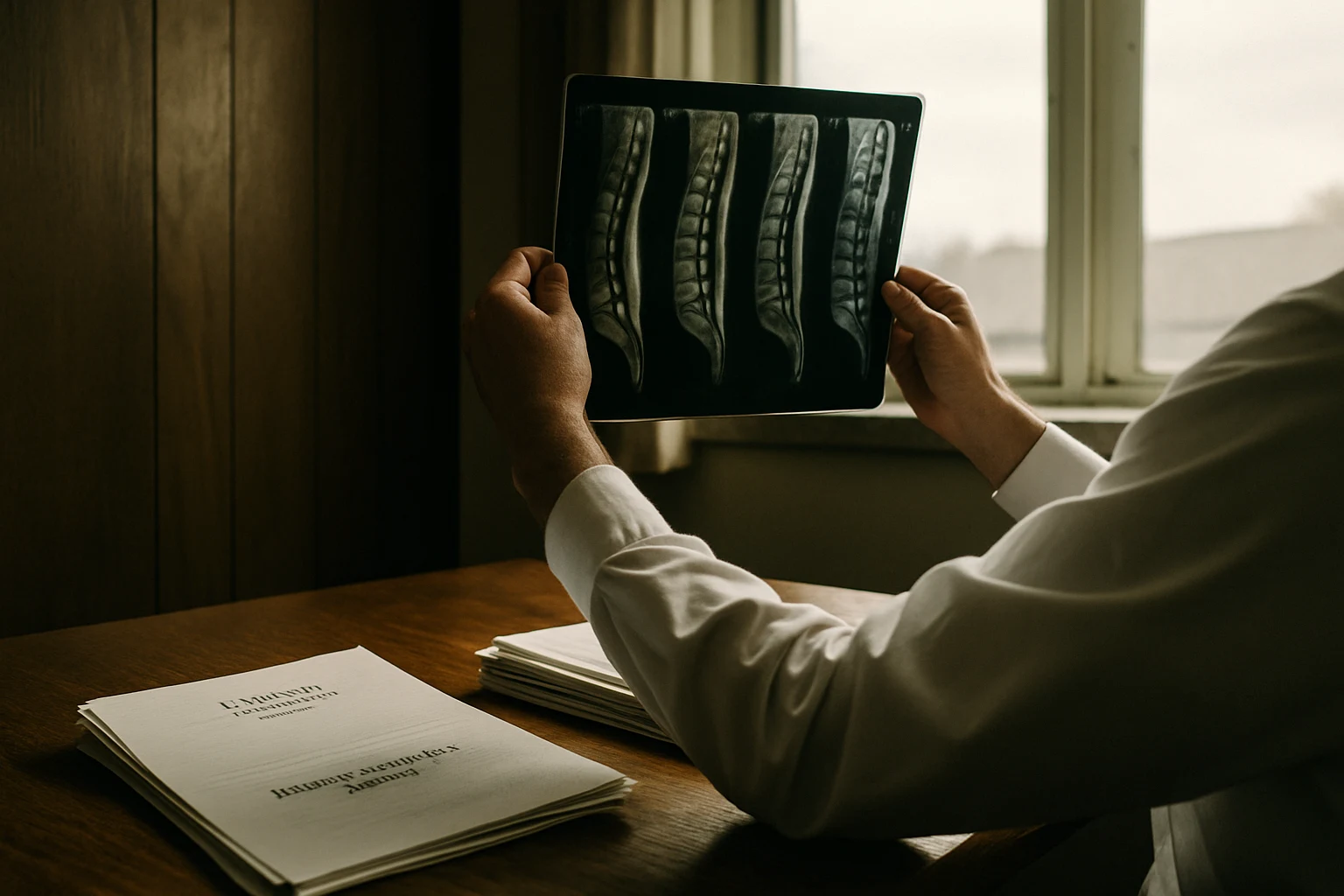 An attorney reviewing surgical records and MRI images on a desk in Fort Wayne