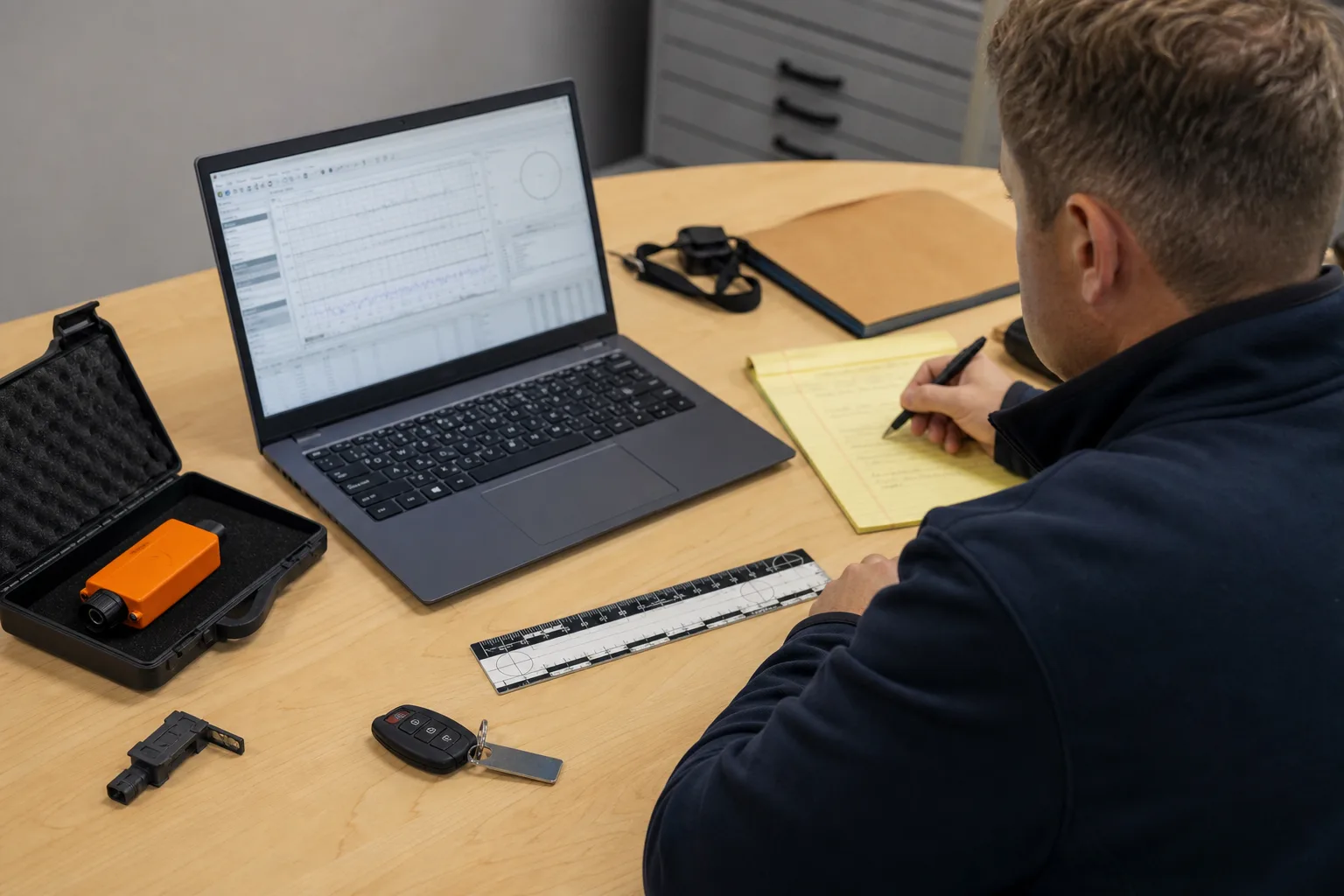 Inspector documenting a stored vehicle’s identity before an EDR review