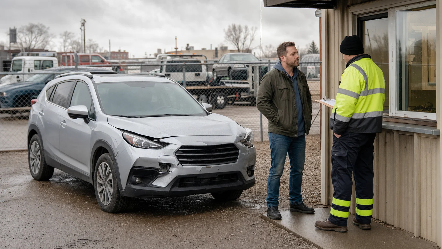 Vehicle owner discussing release of a damaged crossover at a Fort Wayne tow yard