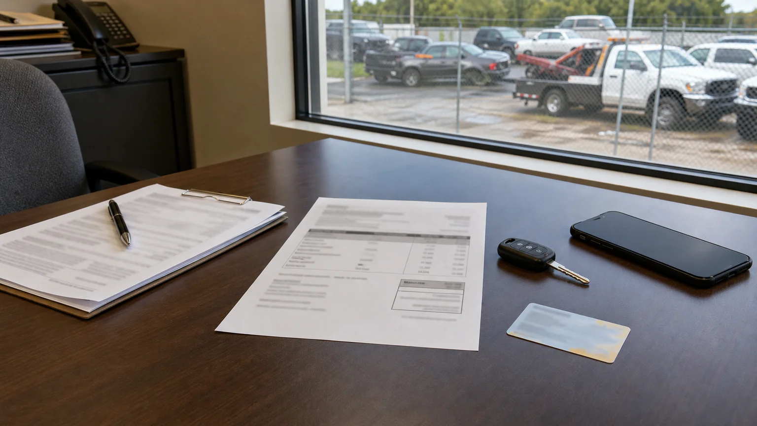Towing invoice, vehicle key, insurance card and phone inside a Fort Wayne tow office
