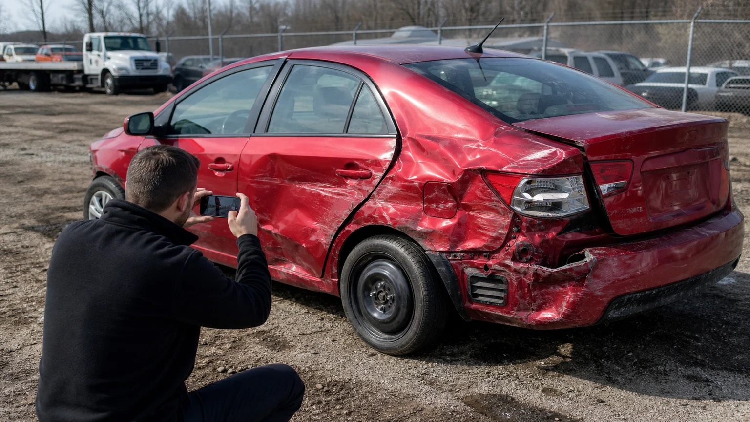 Fort Wayne crash victim photographing damage to a red sedan in a tow yard